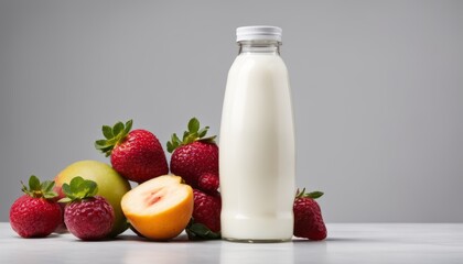 Wall Mural - A bottle of milk next to a pile of fruit