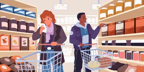 Shopping at grocery store or supermarket. Man and woman standing in aisle between shelves to select food products from list and buy, perspective view of store interior cartoon vector illustration