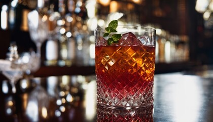 Wall Mural - A glass of red liquid with a green leaf in it