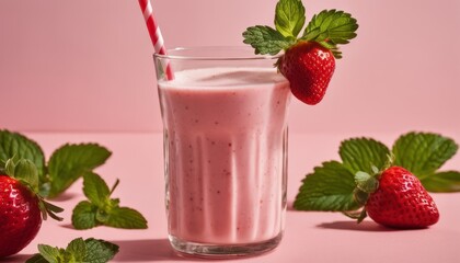 Sticker - A glass of strawberry milkshake with strawberries on top