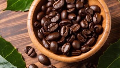 Poster - A wooden bowl filled with coffee beans