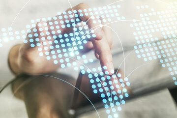 Poster - Abstract creative world map with connections and finger clicks on a digital tablet on background, international trading concept. Multiexposure
