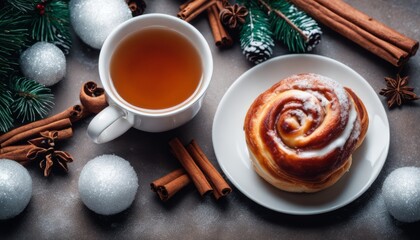 Poster - A cup of tea and a cinnamon roll on a plate