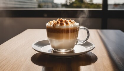 Wall Mural - A cup of coffee with whipped cream and a sprinkle of cinnamon