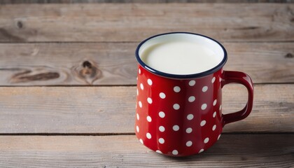 Wall Mural - A red cup with white polka dots filled with milk