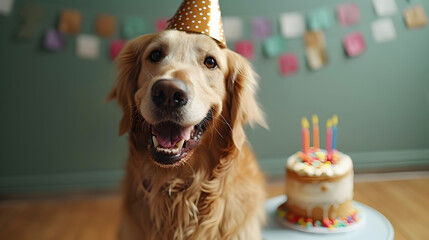 A cute golden retriver with a party hat wishes you a happy birthday