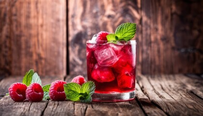 Canvas Print - A glass of raspberry lemonade with raspberries on a table