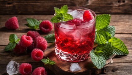 Wall Mural - A glass of raspberry lemonade with a sprig of mint