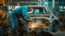 A dynamic photo of handymen performing welding on a car body at their workplace in the workshop, capturing the bright and fiery sparks that fly from the molten metal.