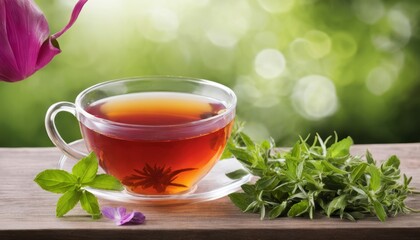 Poster - A cup of tea with mint leaves on a table