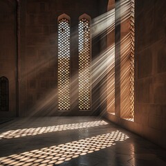 Light enters through the ventilation of the mosque's hole material adding a religious aura for prayer and worship, blog, web etc. Mosque architecture in the Middle East. Generative Ai