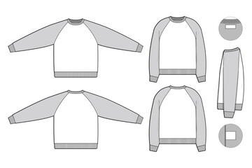 Pullover raglan crewneck sweatshirt flat technical drawing illustration mock-up template for design and tech packs men or unisex fashion CAD streetwear regular fit
