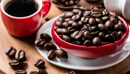 Canvas Print - A red plate with coffee beans and a cup of coffee