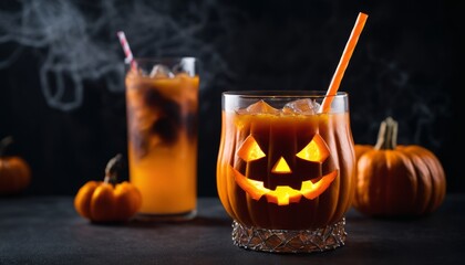 Poster - A glass of pumpkin juice with a straw in it