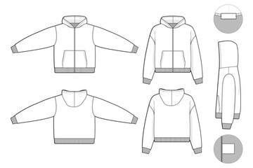 Wall Mural - cropped zip hoodie sweatshirt flat technical drawing illustration mock-up template for design and tech packs men or unisex fashion CAD streetwear regular fit