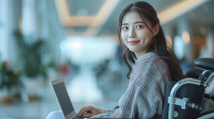 Wall Mural - Asian Businesswoman on the wheelchair working on the laptop in the modern white office, generative ai