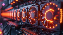 A Series Of High-end Graphics Cards Equipped With Orange LED Lights Inside A Powerful Computing Setup.