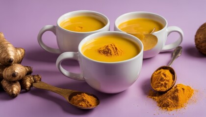 Wall Mural - Two cups of soup with a spoon and a bowl of spices