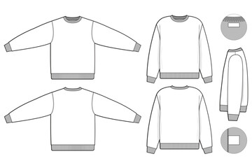 Pullover crewneck sweatshirt flat technical drawing illustration mock-up template for design and tech packs men or unisex fashion CAD streetwear slim fit