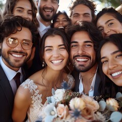 Wall Mural - A joyful bride and groom, surrounded by loved ones, capture the essence of love and celebration in a beautiful indoor wedding ceremony