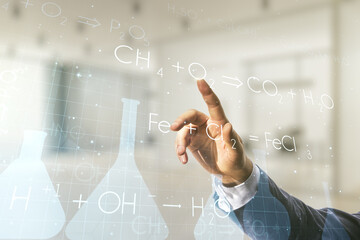 Poster - Man hand working with abstract virtual Creative chemistry hologram on blurred office background. Multiexposure