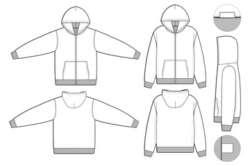 zip hoodie sweatshirt flat technical drawing illustration mock-up template for design and tech packs