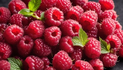 Poster - A pile of red raspberries on a black background