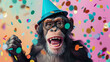 A cheerful chimpanzee wearing a cool hat, amidst a burst of birthday confetti, against a trendy, colorful background