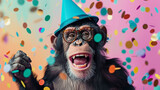 Fototapeta  - A cheerful chimpanzee wearing a cool hat, amidst a burst of birthday confetti, against a trendy, colorful background