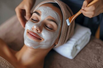 A woman confidently embraces self-care indoors, donning a white facial mask and razor as her tools for a refreshed and rejuvenated appearance