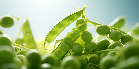 Green peas on a light blue background