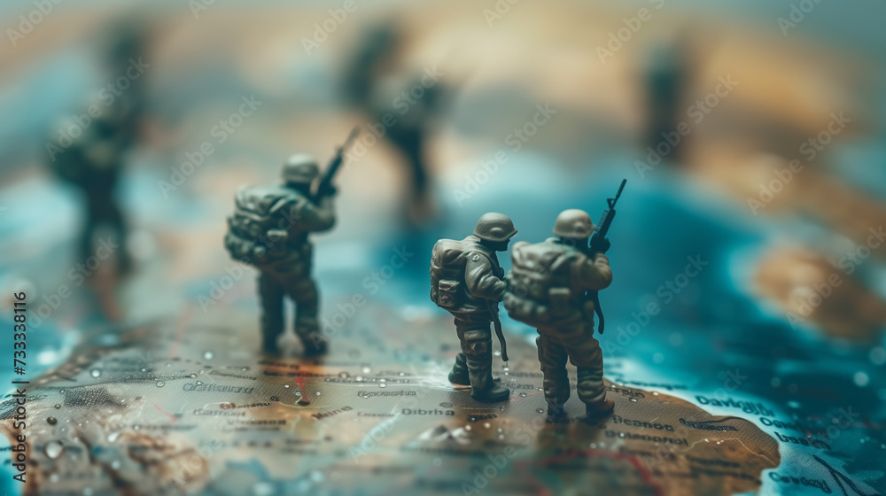 conceptual photo , models of soldiers on the map with weapons,ai Stock ...