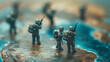 conceptual photo , models of soldiers on the map with weapons,ai