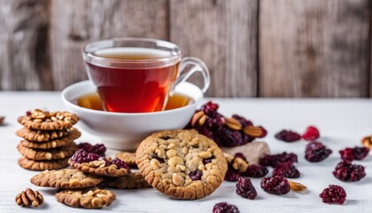 Wall Mural - A white plate with cookies and a cup of tea