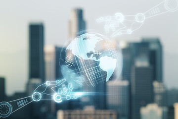 Aufkleber - Double exposure of abstract virtual robotics technology with world map hologram on blurry cityscape background. Research and development software concept