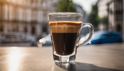 Sticker - A glass of coffee sitting on a table