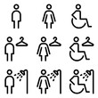Restroom, shower and changing rooms line icon set