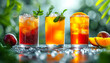 Colorful Fruit and Berries Drinks with Ice and herbs. Summer freshness cocktails