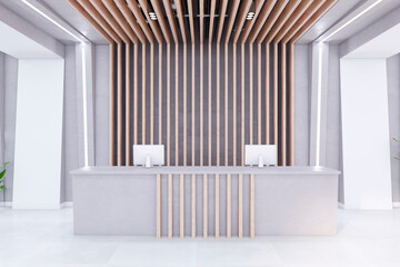 Poster - Modern reception area with wooden slats and dual computers. Contemporary style. 3D Rendering