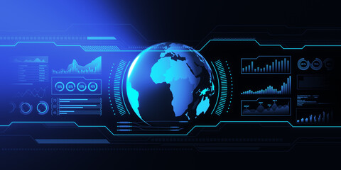 Wall Mural - Abstract holographic screen with digital globe interface and business chart on blurry blue background. HUD, international stock and future monitor concept. 3D Rendering.