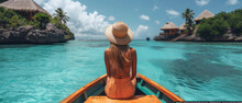 A Woman Wearing A Straw Hat Travels On A Boat Outside A Beautiful Island Resort, Generative Ai