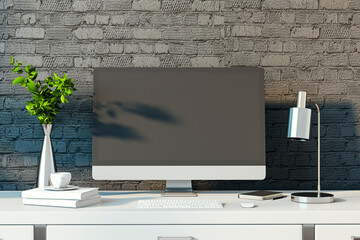 Aufkleber - Modern designer desktop with empty computer monitor, lamp, supplies and other items. Black brick wall background. Mock up, 3D Rendering.