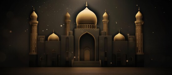 Beautiful Islamic illustration and golden mosque. Realistic Ramadan Kareem greeting card with night view