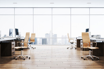 Modern coworking office interior with panoramic city view, furniture and wooden flooring. 3D Rendering.