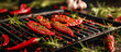 Sizzling Red Hot Chili Peppers on Grill with Fresh Herbs and Spices

