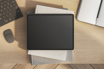 Poster - Top view of empty tablet on wooden office desk with supplies and equipment. Mock up, 3D Rendering.
