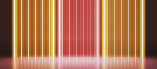 Poster - Modern colorful wide pink glass interior illumination and reflections. Neon lights podium. 3D Rendering.