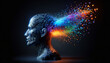 © Kylan - Dynamic voice control: Disintegrating 3D head with vibrant pixel particles and flowing digital code.