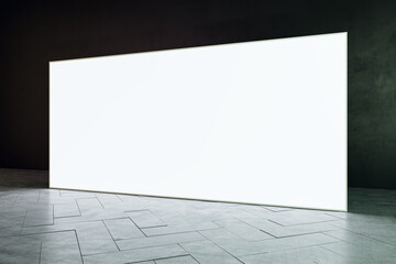 Poster - Contemporary dark gallery interior with blank big white mock up poster. Museums and exhibition concept. 3D Rendering.