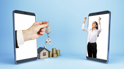 Poster - Male hand handing key from smartphone to happy businesswoman with house and coins on blue background. Online home purchase, buy and rent concept.